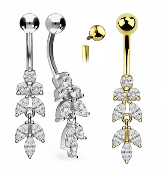 Titanium navelsmycke med 3 runda och 5 navettslipade CZ