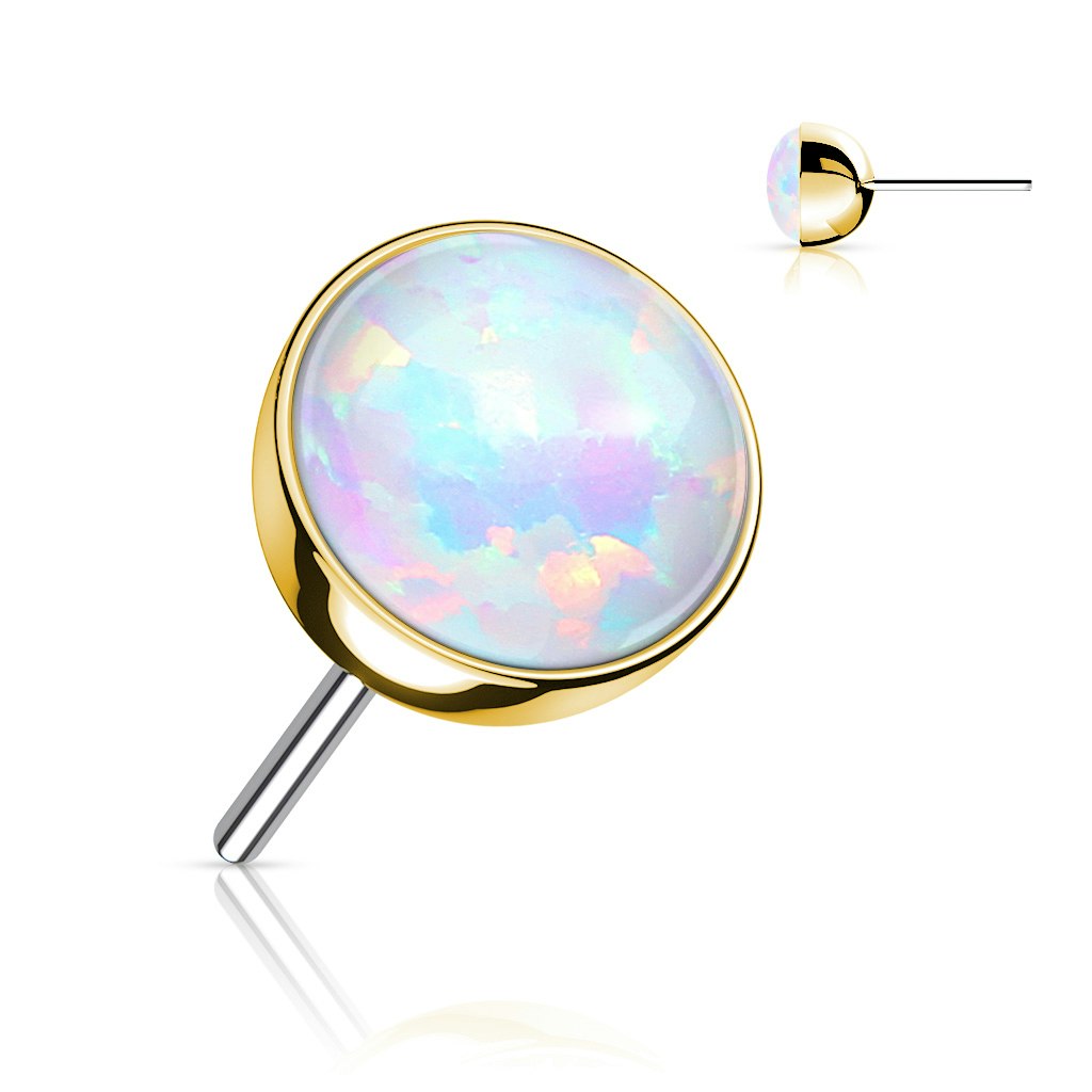 Threadless topp i titanium - Guld PVD kula med vit opal