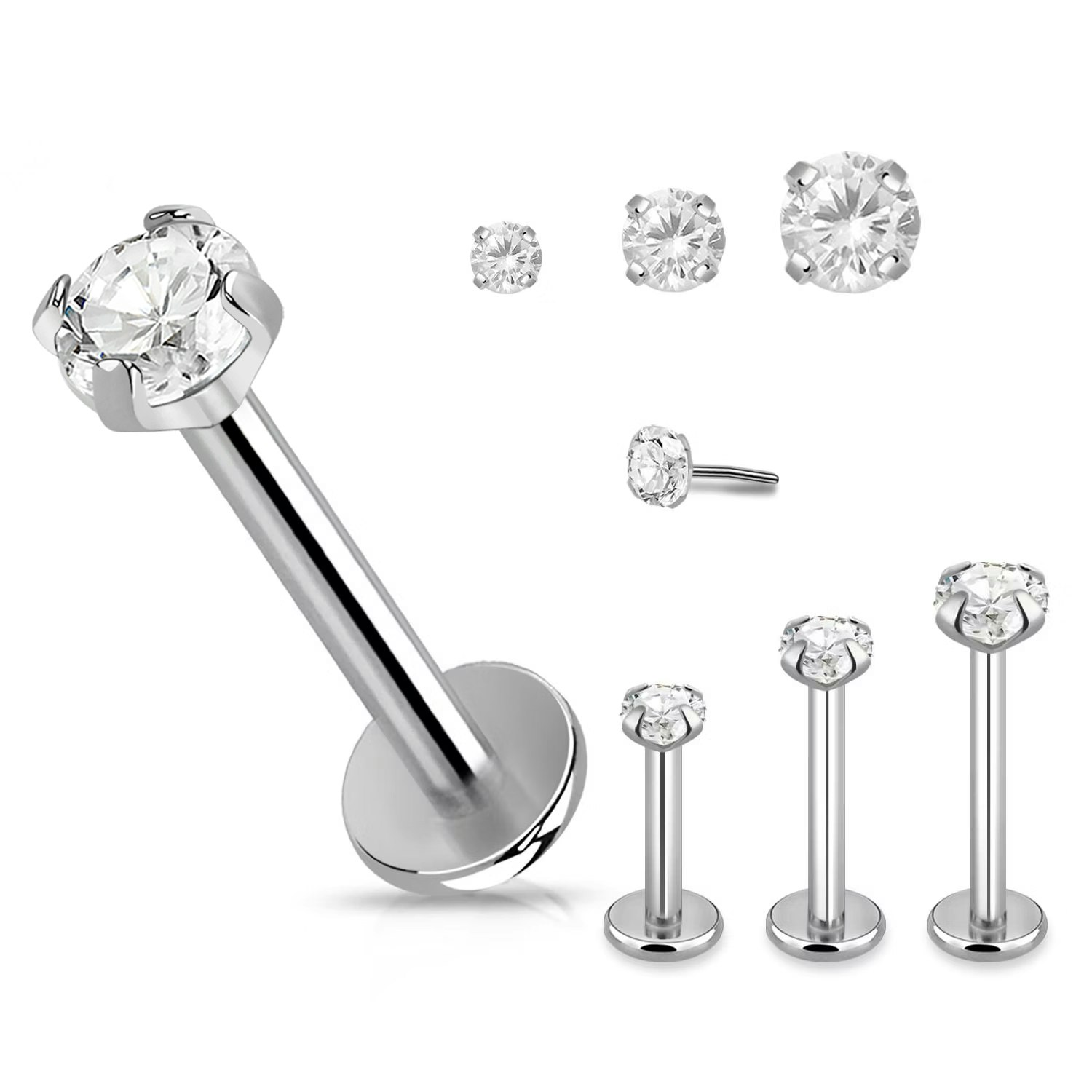 Titanium threadless labret 1.2mm med klar "prong-set" cubic zirconia topp