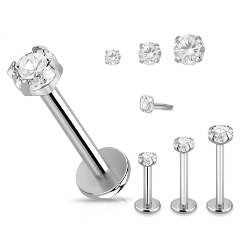 Titanium threadless labret 1.2mm med klar "prong-set" cubic zirconia topp