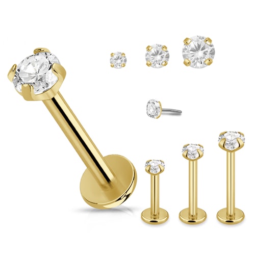 Titanium threadless labret 1.2mm PVD guld med klar "prong-set" cubic zirconia topp