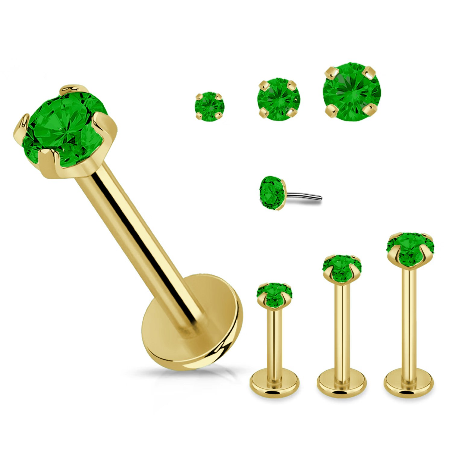 Threadless labret 1.2mm i guld PVD-pläterad titanium med prong-set emerald