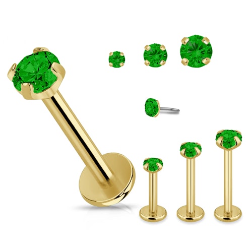 Threadless labret 1.2mm i guld PVD-pläterad titanium med prong-set emerald