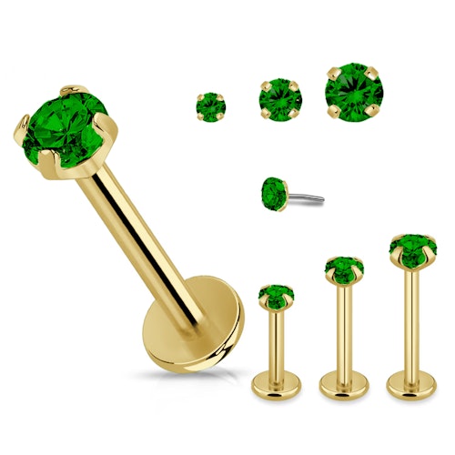 Threadless labret 1.2mm i guld PVD-pläterad titanium med prong-set emerald