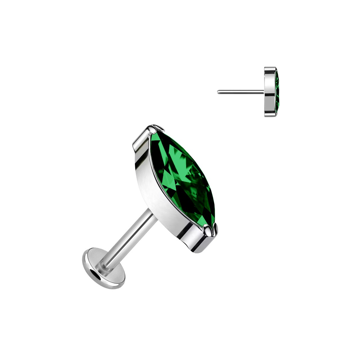 Threadless labret 1.2mm i titanium med navettslipad emerald CZ
