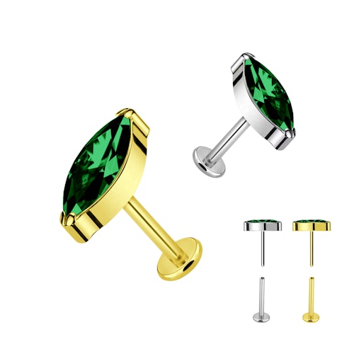 Threadless labret 1.2mm i titanium med navettslipad emerald CZ