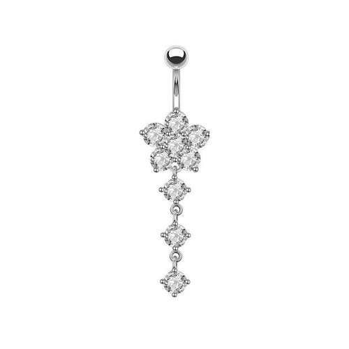 Titanium navelsmycke med blomma och 3 runda cubic zirconia i hänge