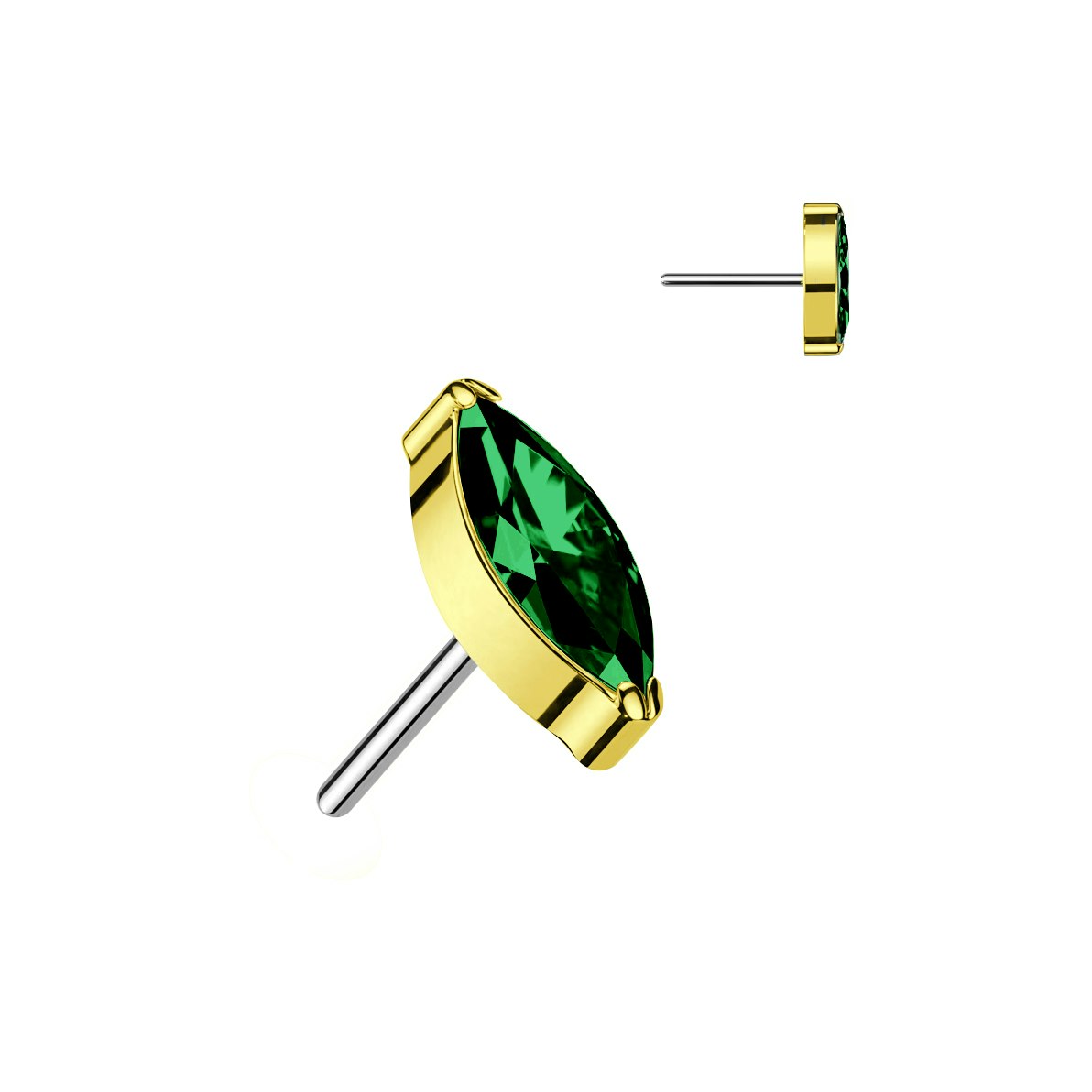 Threadless topp i PVD-guldpläterad titanium med navettslipad CZ emerald