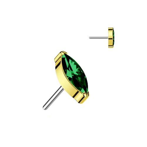 Threadless topp i PVD-guldpläterad titanium med navettslipad CZ emerald