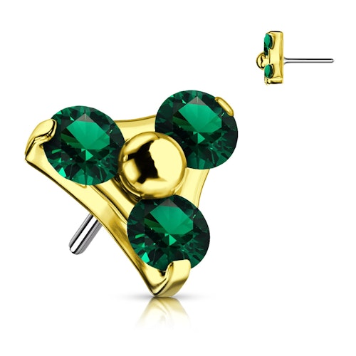 Threadless topp i PVD-guldpläterad titanium - Treenighet med emerald CZ