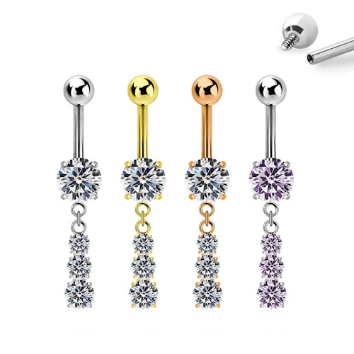 Navelsmycke i titanium - Hänge med trippel cubic zirconia
