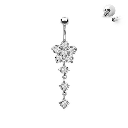 Titanium navelsmycke med blomma och 3 runda cubic zirconia i hänge