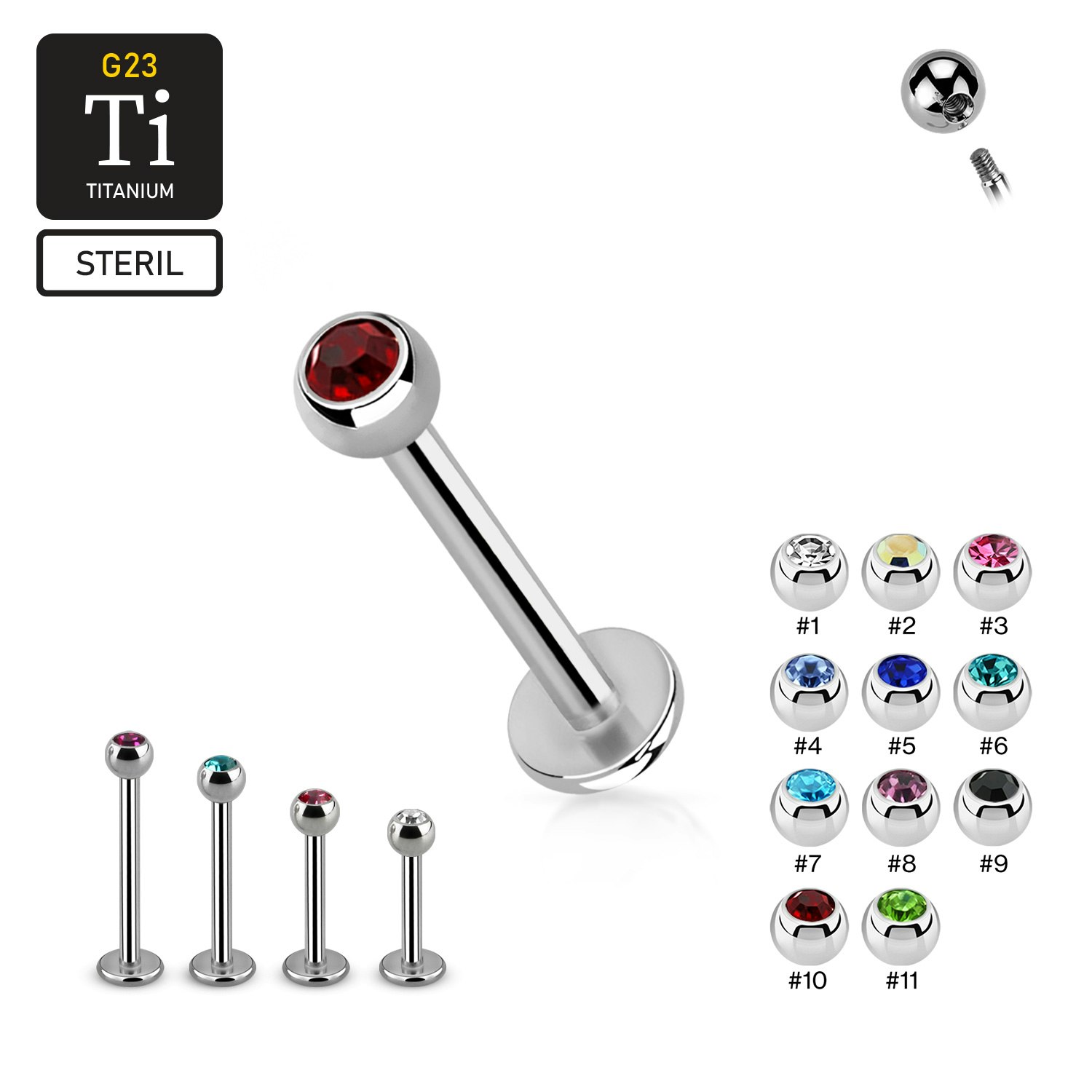 Steril Titanium Labret / Monroe 1.2mm med 3mm crystalkula