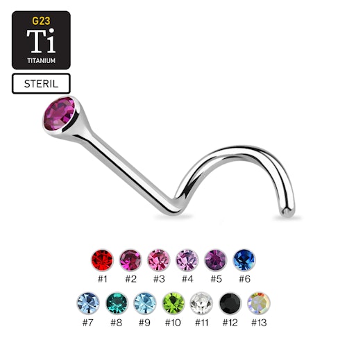 Steril titanium Nässmycke "Nose Screw" 1mm med crystal