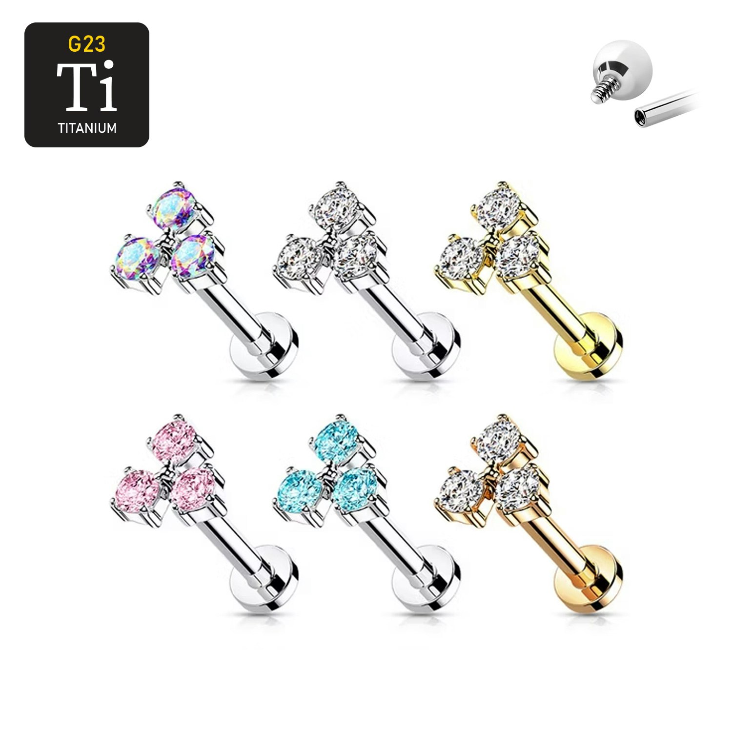 Labret i titanium 1.2mm med 3 cubic zirconia i triangel