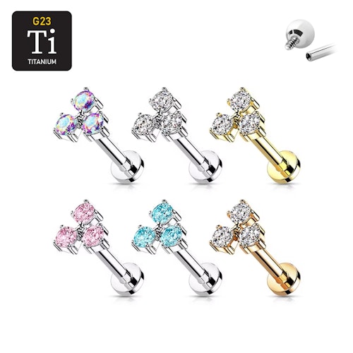 Labret i titanium 1.2mm med 3 cubic zirconia i triangel