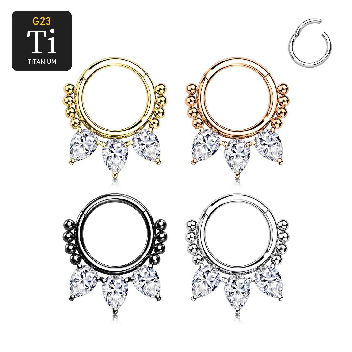 Segmentring i titanium 1.2mm med gångjärn - 3st päronformade cubic zirconia