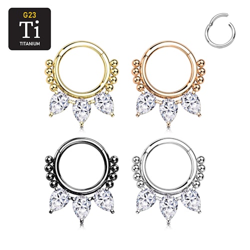Segmentring i titanium 1.2mm med gångjärn - 3st päronformade cubic zirconia