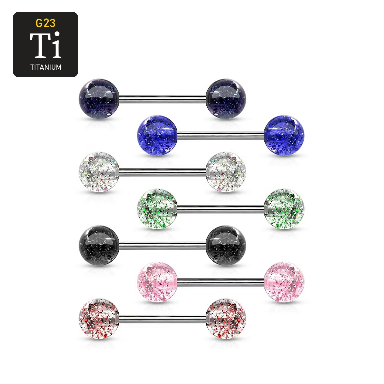 Barbell i titanium 1.6mm med 6mm glitterkulor (16mm)