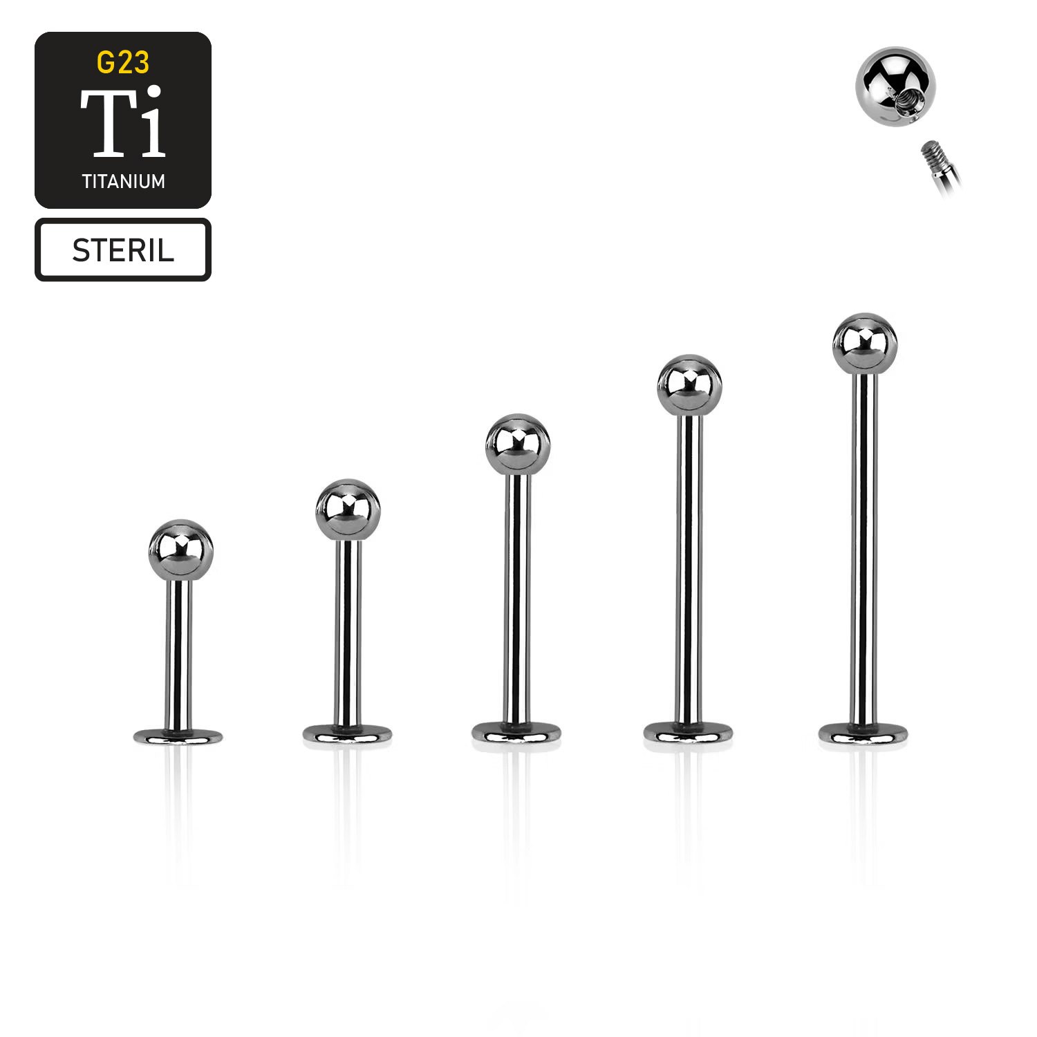 Steril titanium labret 1.2mm med 3mm kula