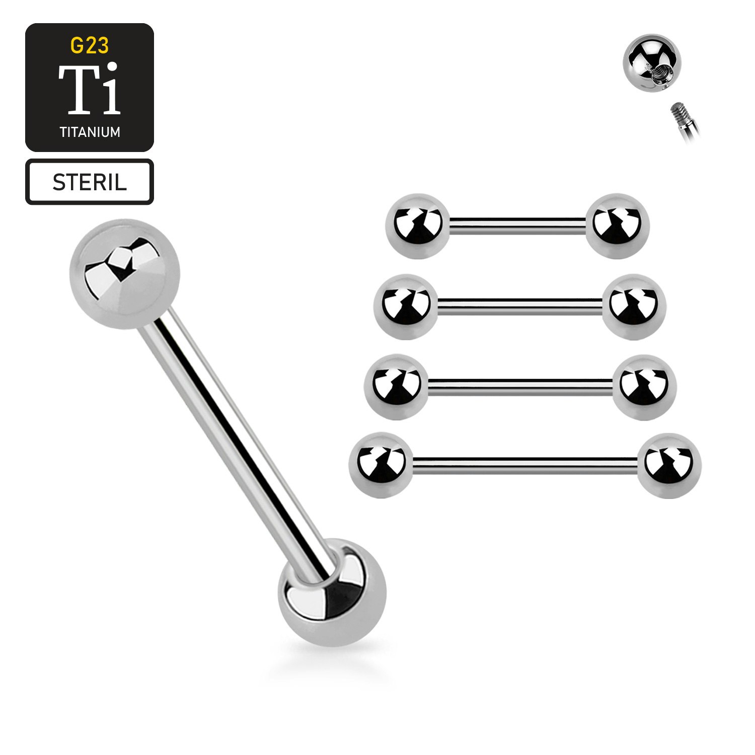 Steril titanium barbell utvändigt gängad 1.6mm med 4mm kulor