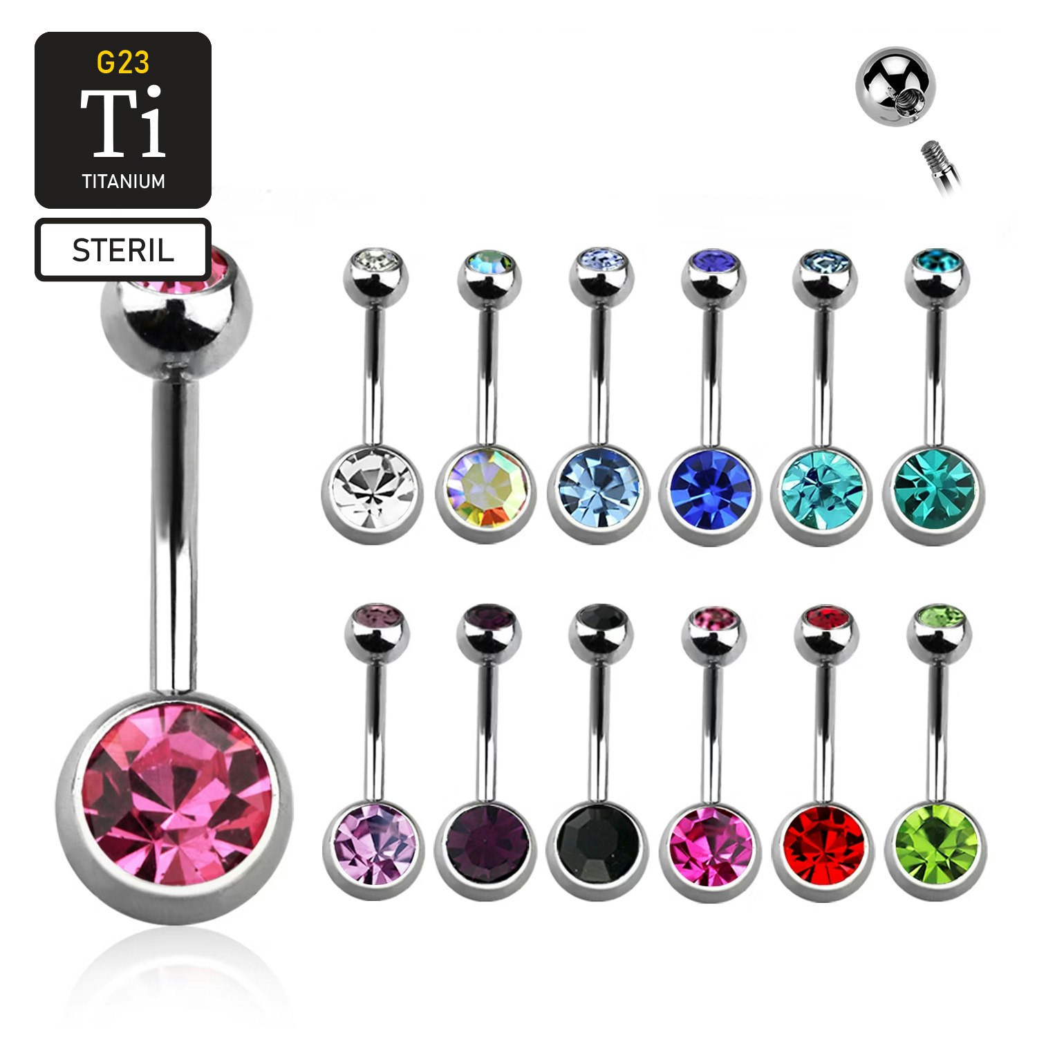 Steril titanium banana navelsmycke 1.6mm med 5 & 8mm crystalkulor