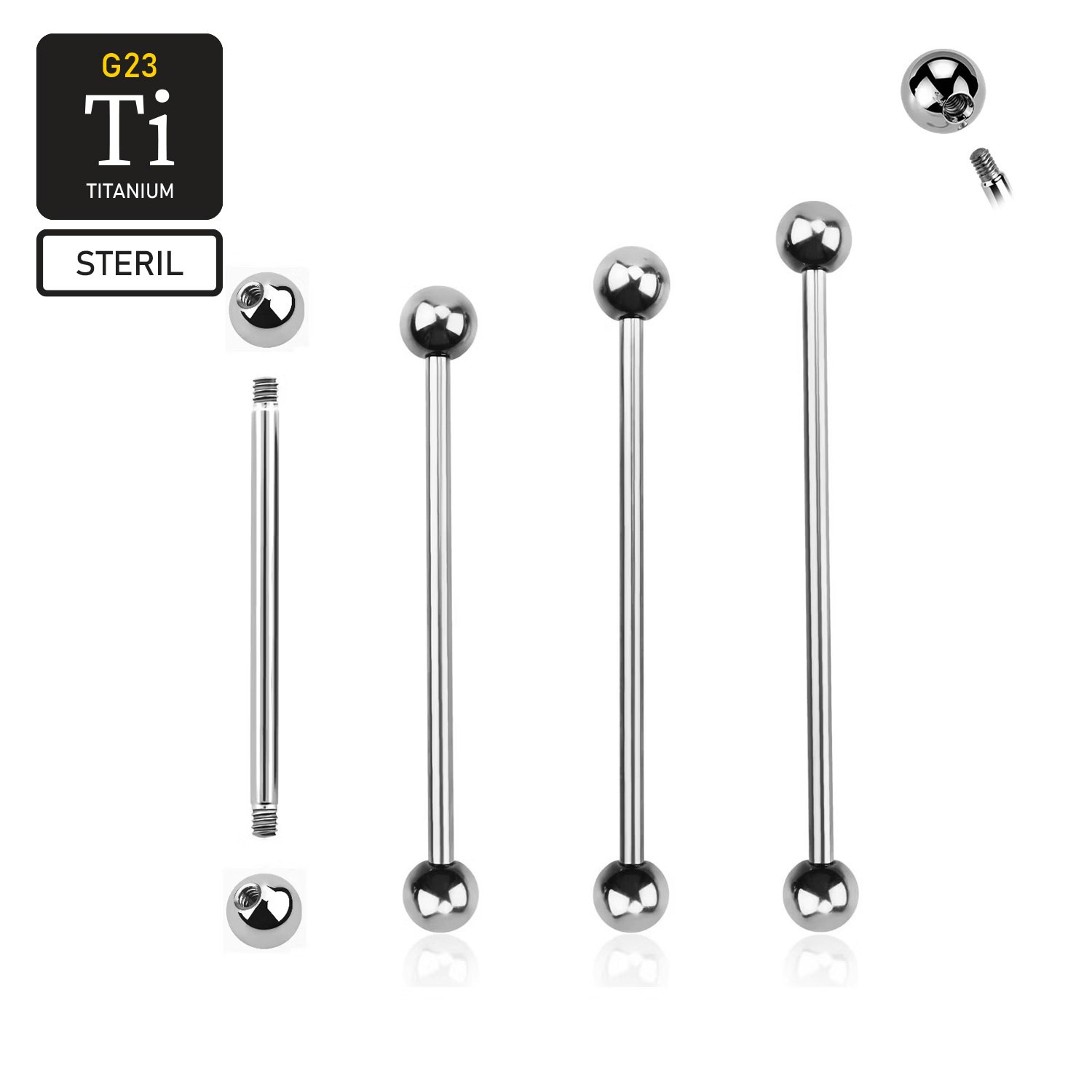 Steril titanium industrial barbell 1.6mm utvändigt gängad med 5mm kulor