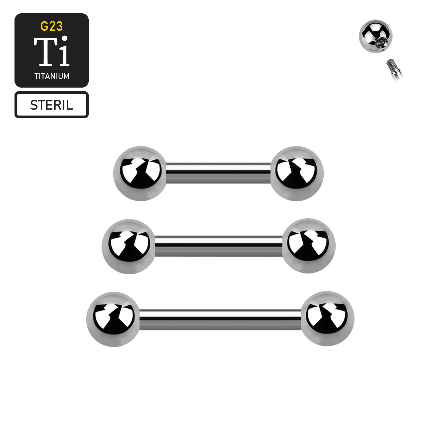 Steril titanium barbell utvändigt gängad 1.2mm med 3mm kulor