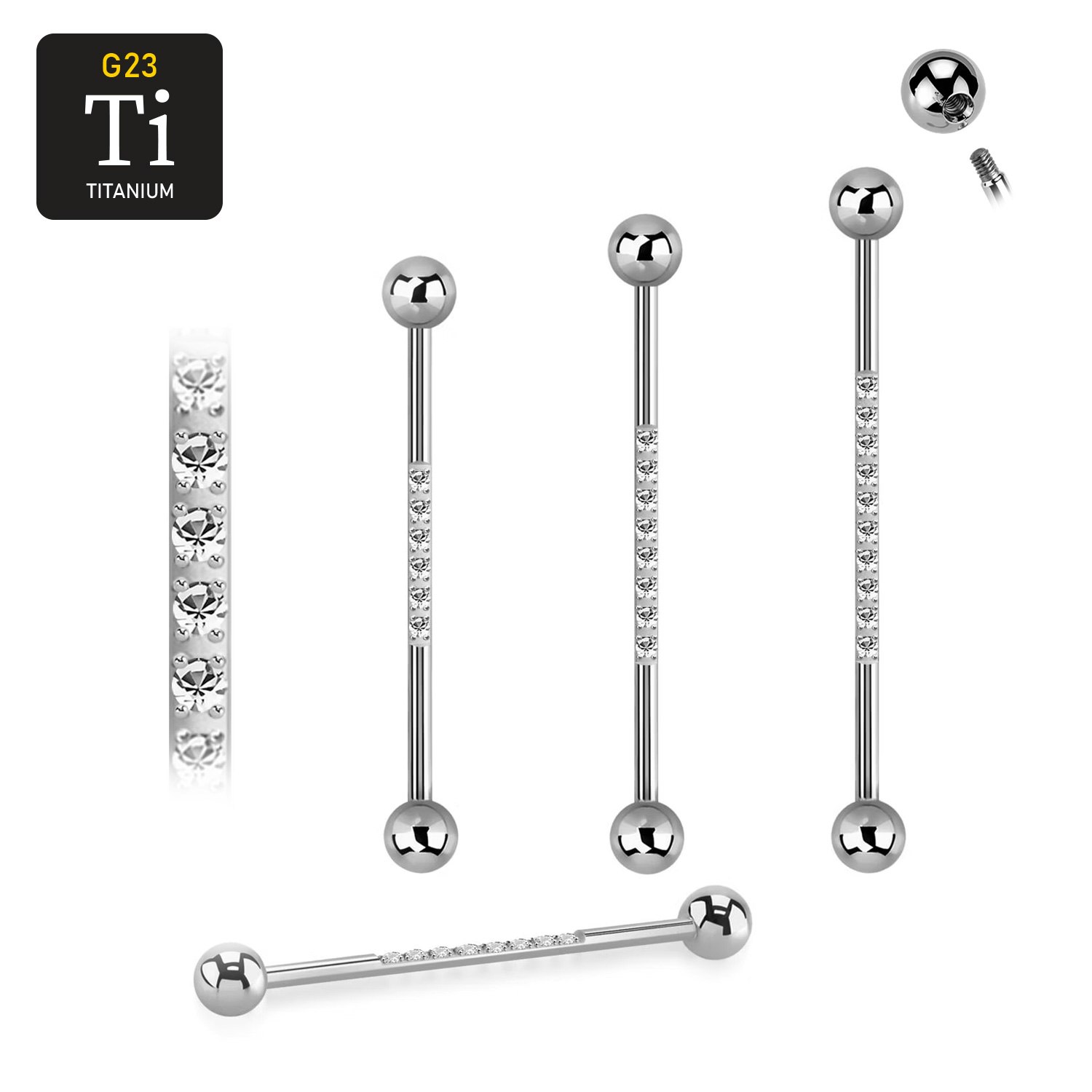 Titanium industrial barbell 1.6mm med 5mm kulor och 1.5mm CZ