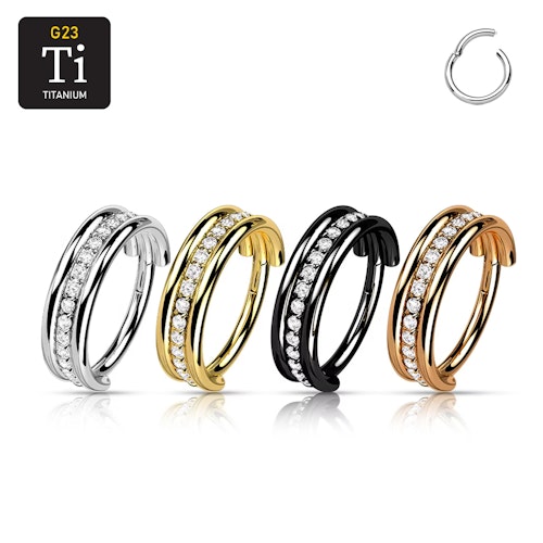 Titanium ring med gångjärn - Trippel ring med centrerad CZ rad
