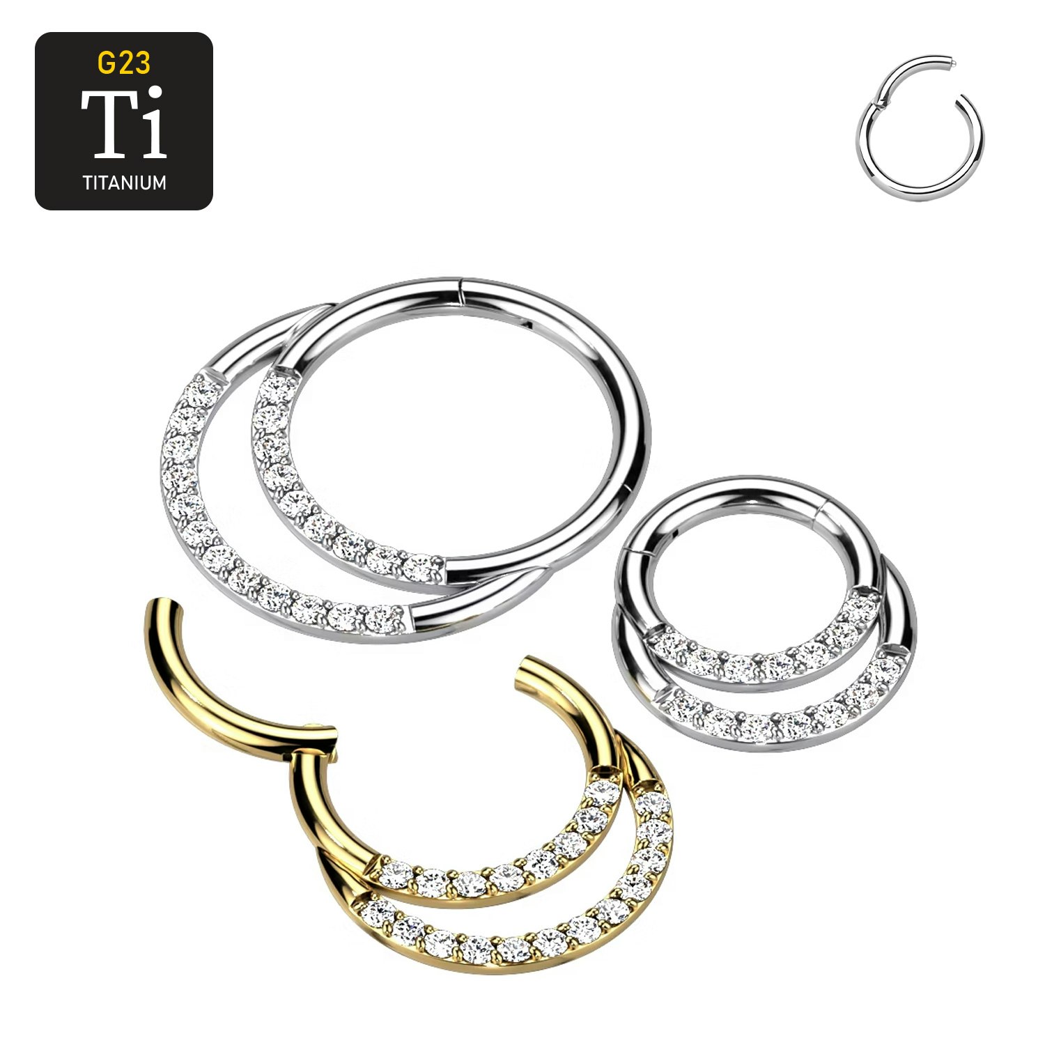 Titanium ring med gångjärn - Dubbla ringar med frontade CZ