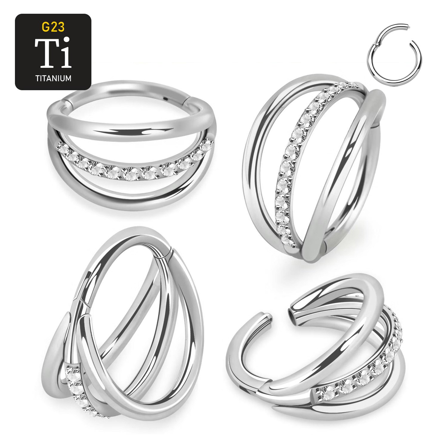 Titanium ring med gångjärn och trippel hoop med centrerad CZ