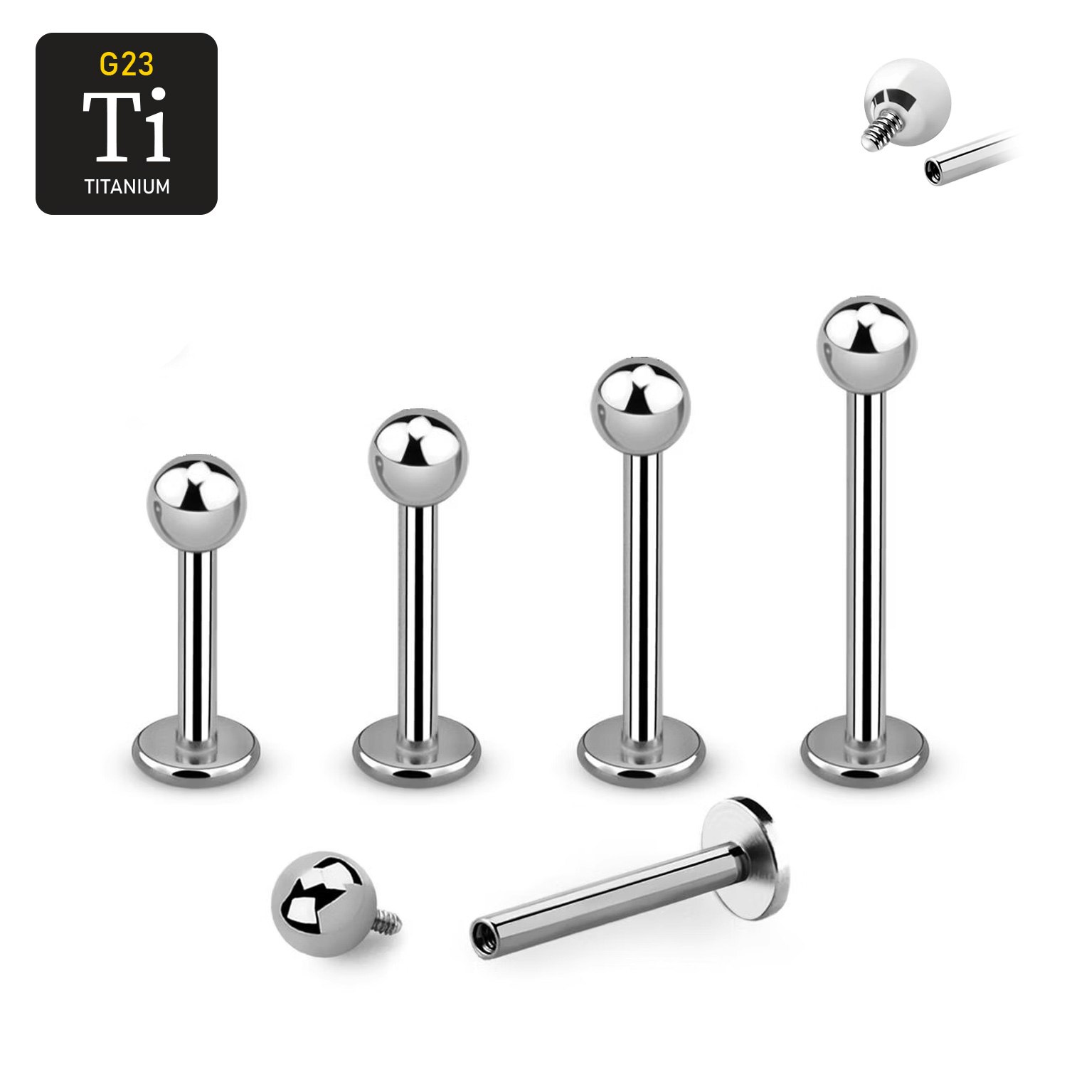 Titanium labret invändigt gängad 1.2mm med 3mm kula