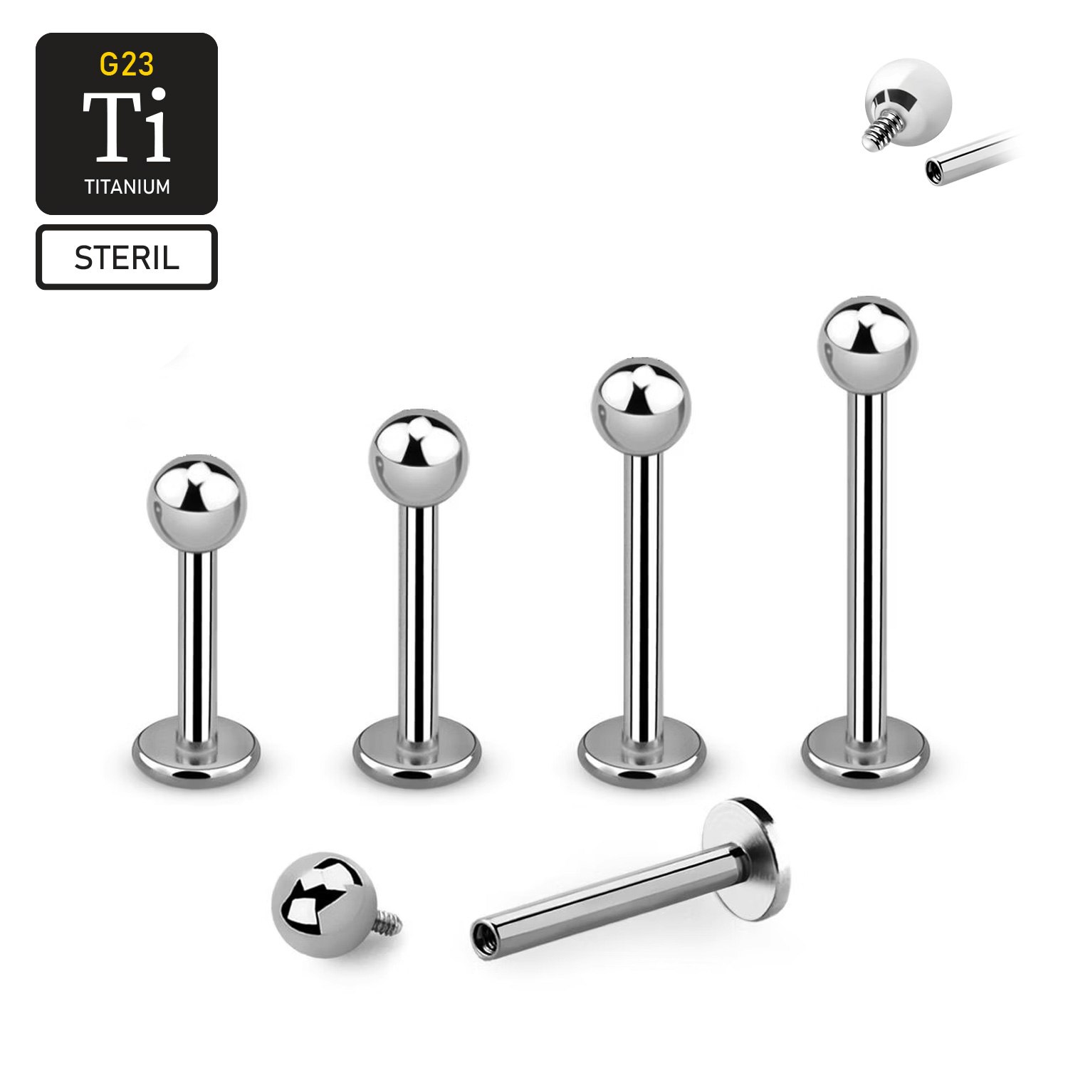 Steril titanium labret invändigt gängad 1.2mm med 3mm kula