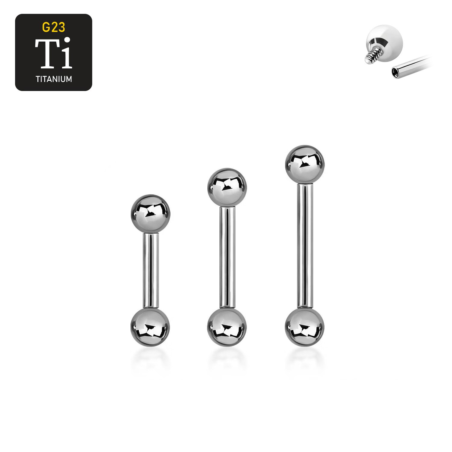 Titanium barbell invändigt gängad 1.2mm med 3mm kulor