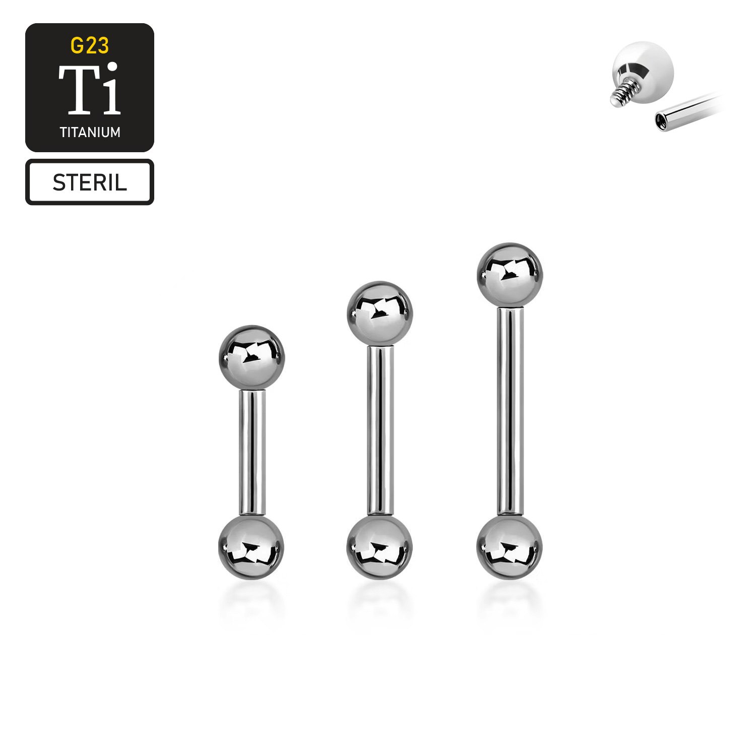 Steril titanium barbell invändigt gängad 1.2mm med 3mm kulor