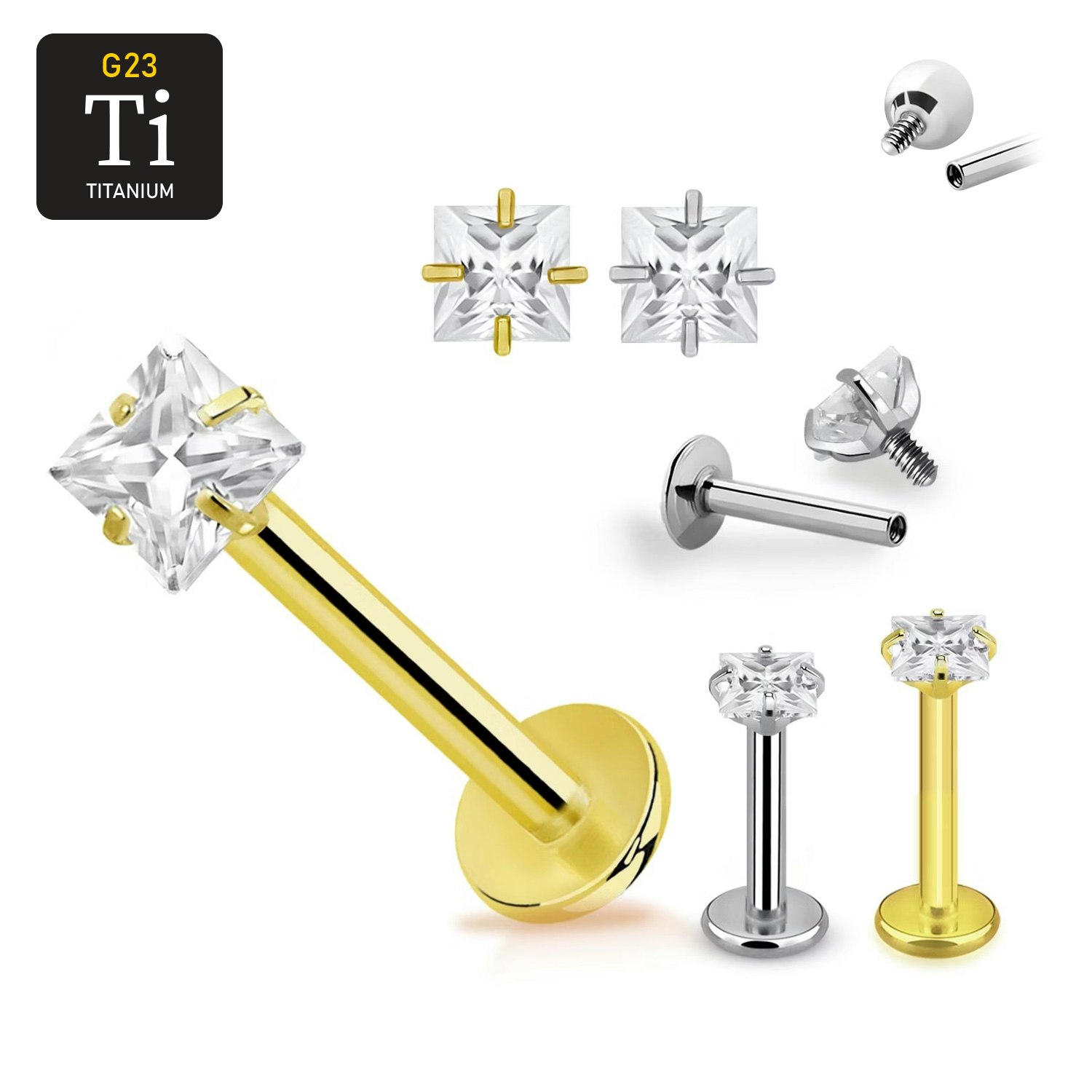 Titanium labret invändigt gängad 1.2mm med 3mm fyrkantig CZ