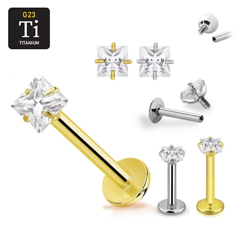 Titanium labret invändigt gängad 1.2mm med 3mm fyrkantig CZ