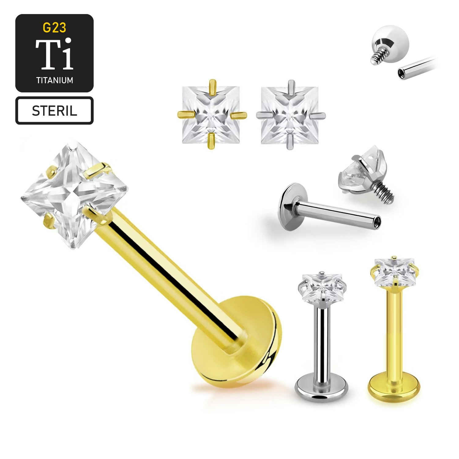 Steril titanium labret invändigt gängad 1.2mm med 3mm fyrkantig CZ