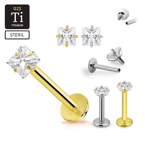 Steril titanium labret invändigt gängad 1.2mm med 3mm fyrkantig CZ