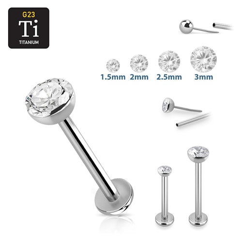 Titanium threadless labret 0.8mm med klar cubic zirconia topp