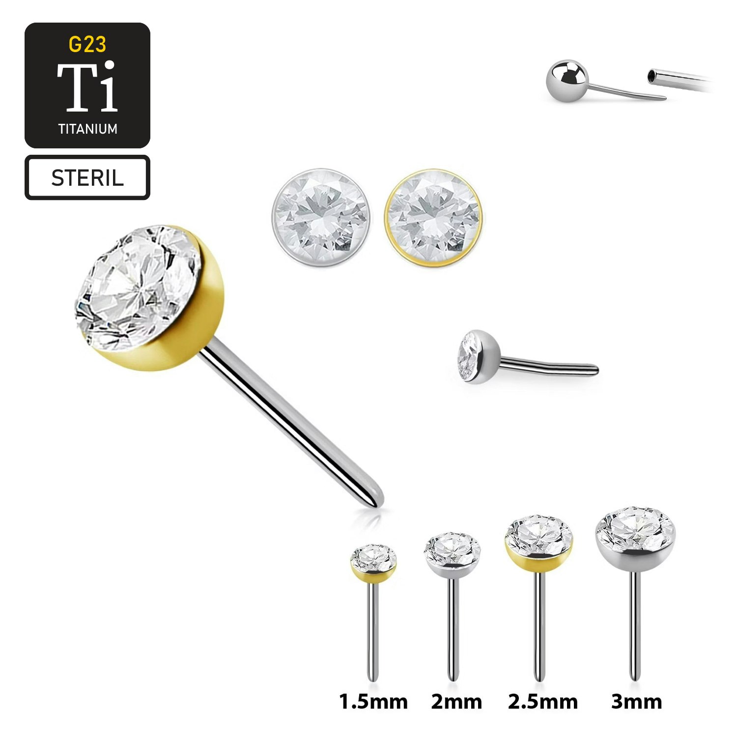 Steril threadless topp i titanium med klar CZ