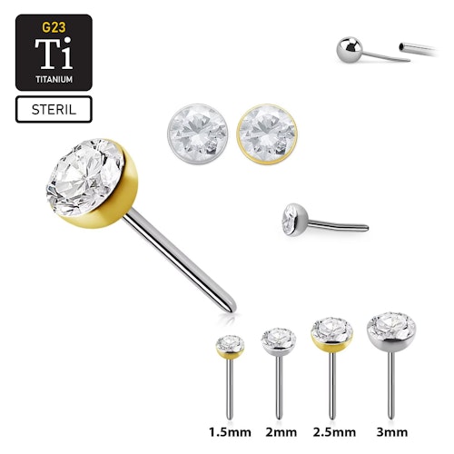 Steril threadless topp i titanium med klar CZ