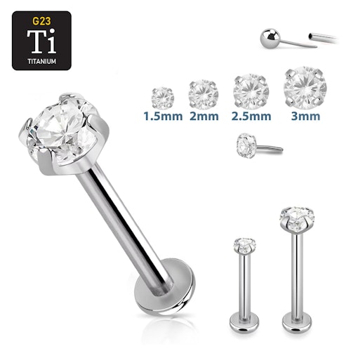 Titanium threadless labret 1.0mm med klar "prong-set" cubic zirconia topp