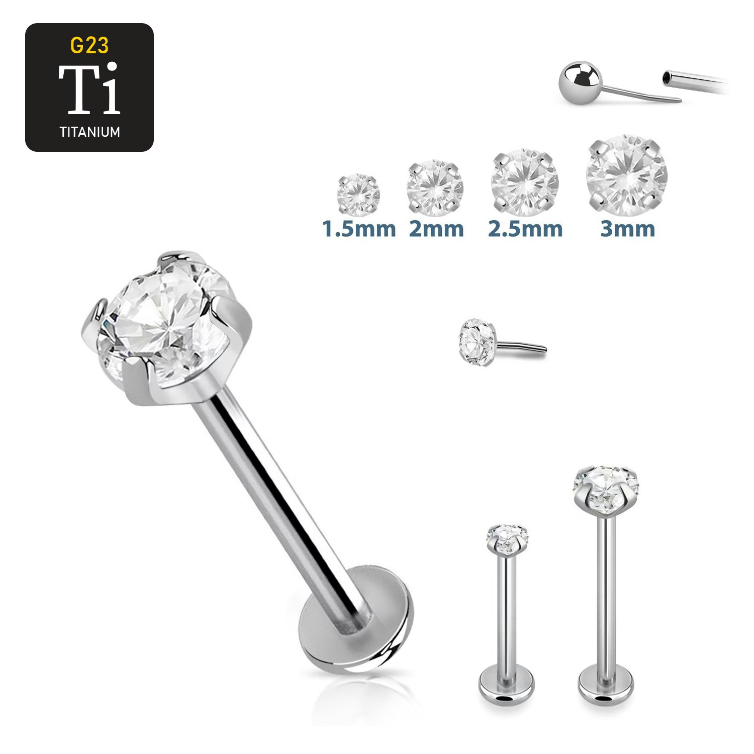 Titanium threadless labret 0.8mm med klar "prong-set" cubic zirconia topp