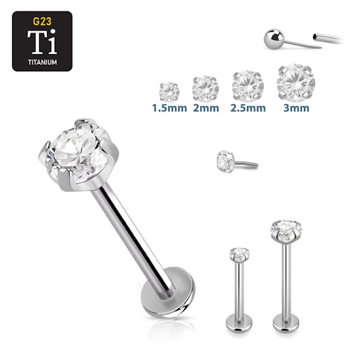 Titanium threadless labret 0.8mm med klar "prong-set" cubic zirconia topp