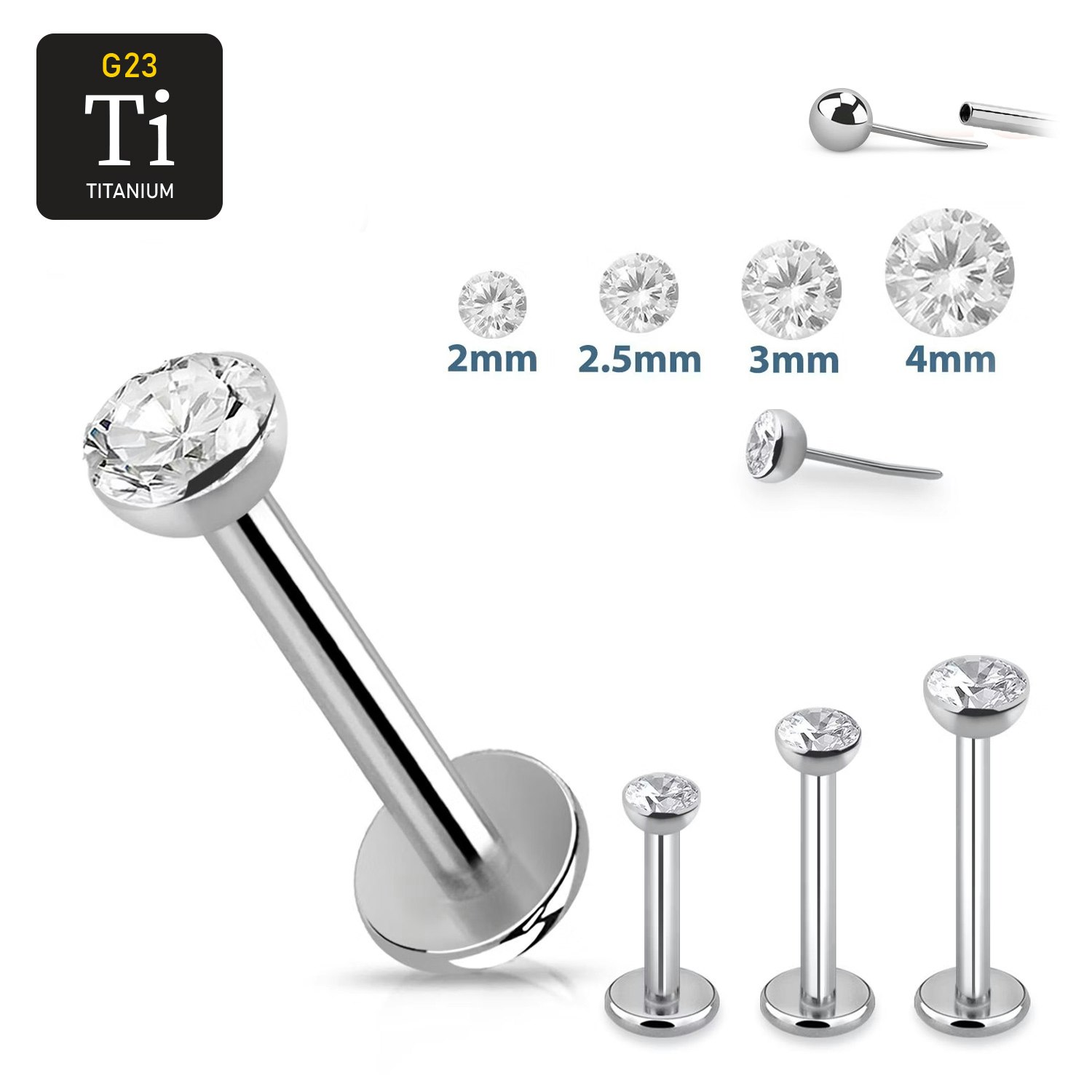 Titanium threadless labret 1.2mm med klar cubic zirconia topp