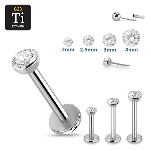 Titanium threadless labret 1.2mm med klar cubic zirconia topp