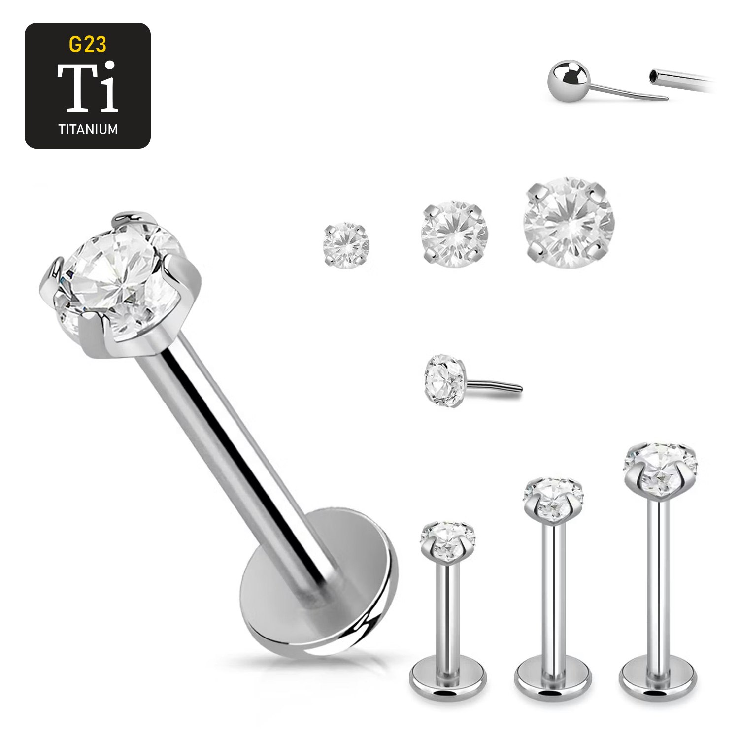 Titanium threadless labret 1.2mm med klar "prong-set" cubic zirconia topp