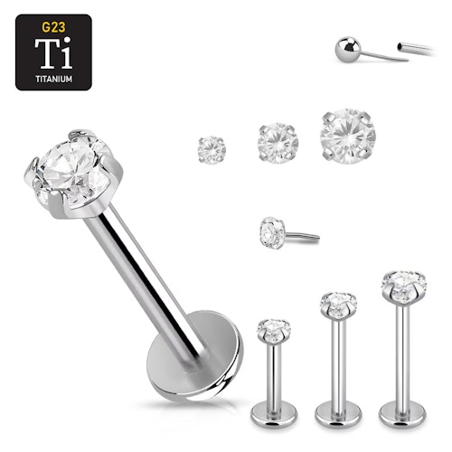Titanium threadless labret 1.2mm med klar "prong-set" cubic zirconia topp